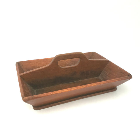 Vintage Wooden Divided Utensil Carrying Tray with Cut-Out Handle