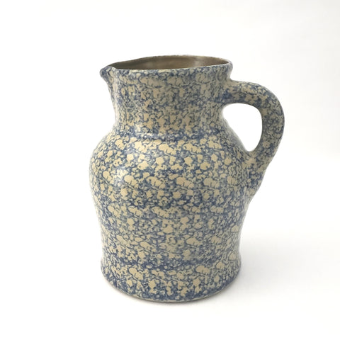 Country Blue Spongeware Pitcher, Glazed 9 1/2 inch, Bulbous Jug Form