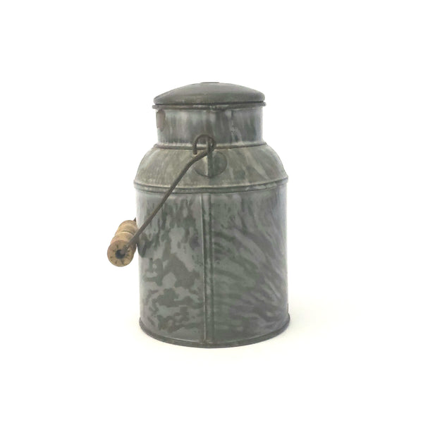Antique Gray Mottled Enamelware Granite Ware Cream Pail Tin Lid and Bail Handle