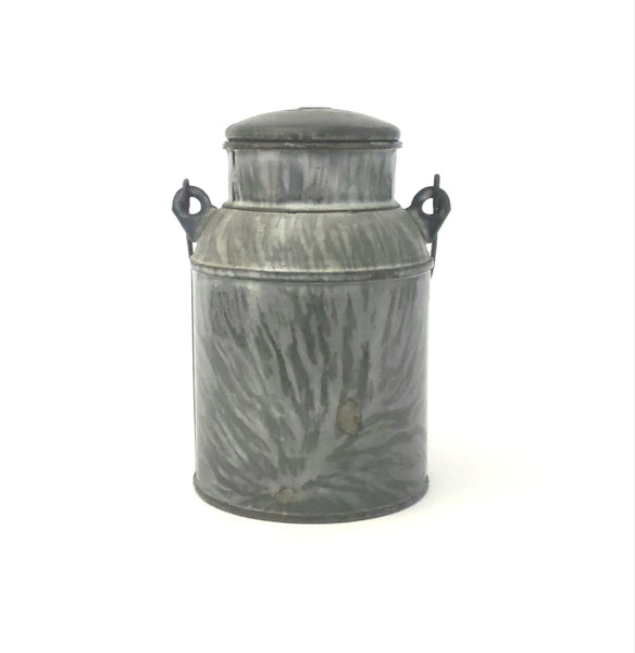Antique Gray Mottled Enamelware Granite Ware Cream Pail Tin Lid and Bail Handle