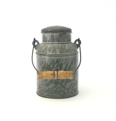 Antique Gray Mottled Enamelware Granite Ware Cream Pail Tin Lid and Bail Handle