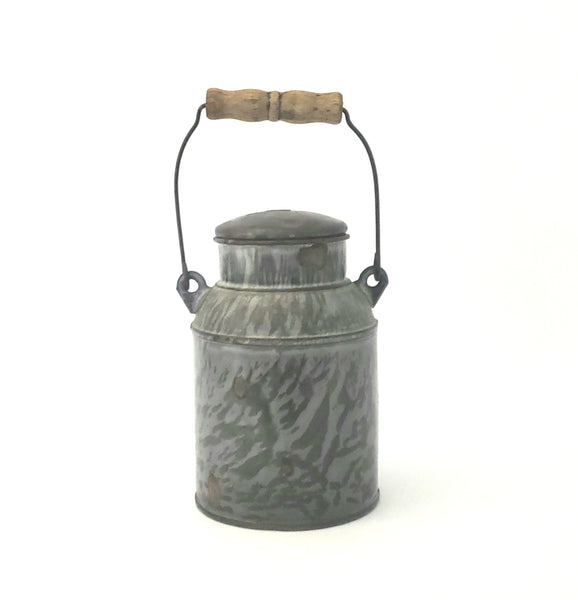 Antique Gray Mottled Enamelware Granite Ware Cream Pail Tin Lid and Bail Handle