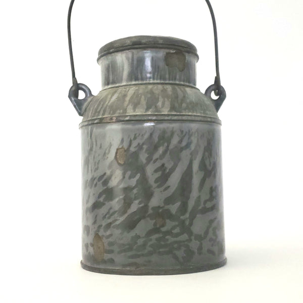 Antique Gray Mottled Enamelware Granite Ware Cream Pail Tin Lid and Bail Handle