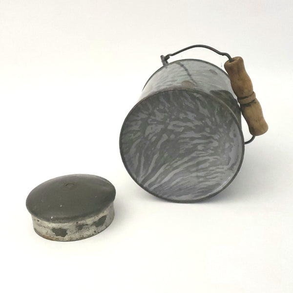 Antique Gray Mottled Enamelware Granite Ware Cream Pail Tin Lid and Bail Handle