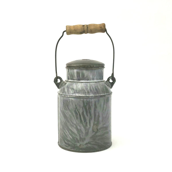 Antique Gray Mottled Enamelware Granite Ware Cream Pail Tin Lid and Bail Handle