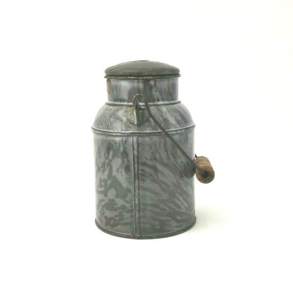 Antique Gray Mottled Enamelware Granite Ware Cream Pail Tin Lid and Bail Handle