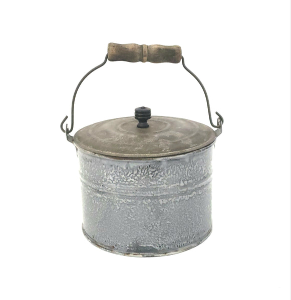 Antique Farmhouse Enameled Berry Pail with Tin Lid, Bail and Wooden Grip Handle
