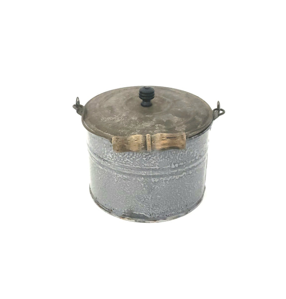 Antique Farmhouse Enameled Berry Pail with Tin Lid, Bail and Wooden Grip Handle