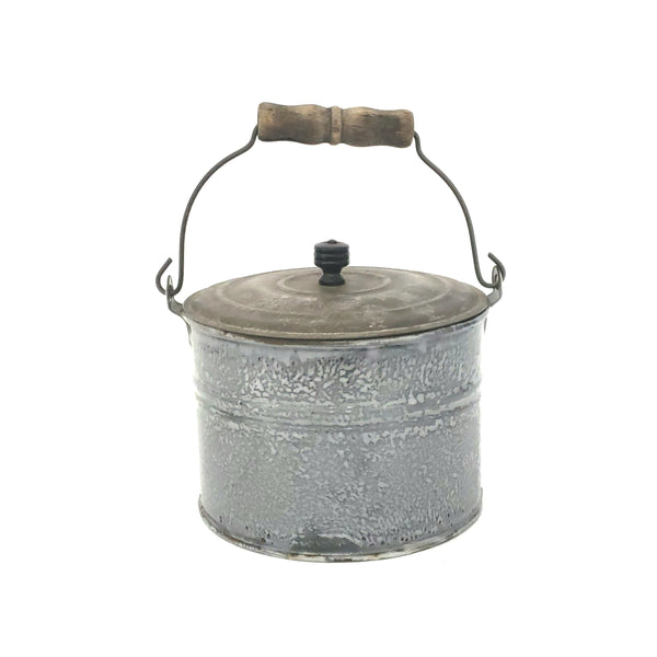 Antique Farmhouse Enameled Berry Pail with Tin Lid, Bail and Wooden Grip Handle