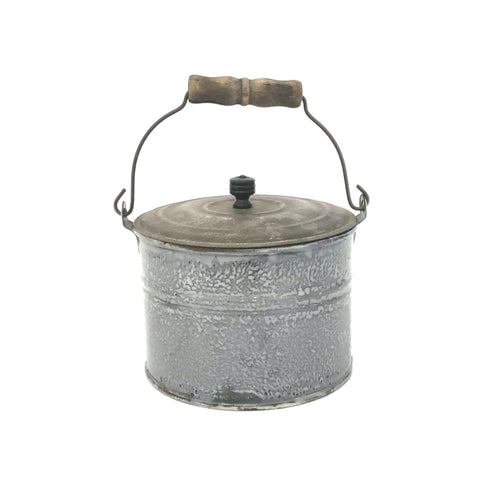 Antique Farmhouse Enameled Berry Pail with Tin Lid, Bail and Wooden Grip Handle