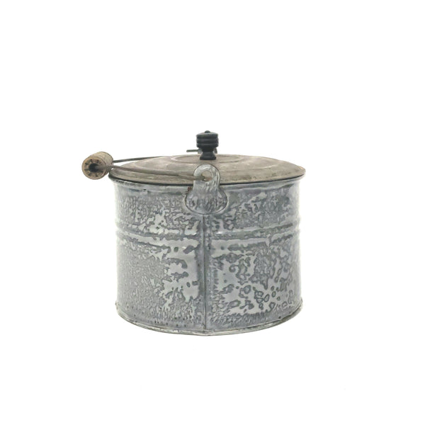 Antique Farmhouse Enameled Berry Pail with Tin Lid, Bail and Wooden Grip Handle