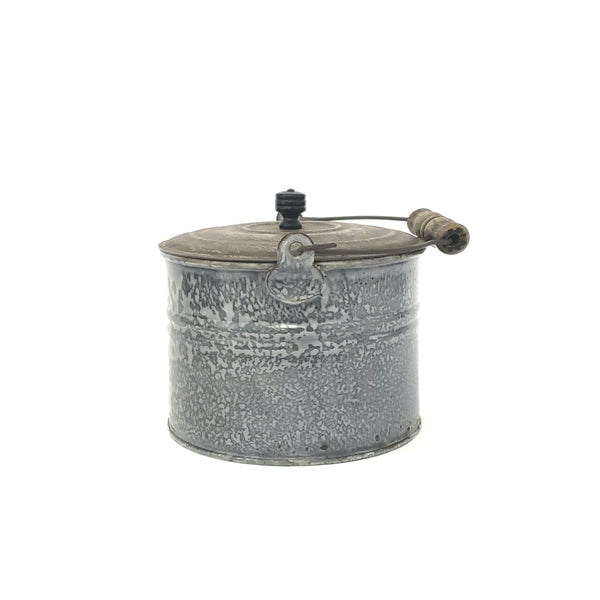 Antique Farmhouse Enameled Berry Pail with Tin Lid, Bail and Wooden Grip Handle