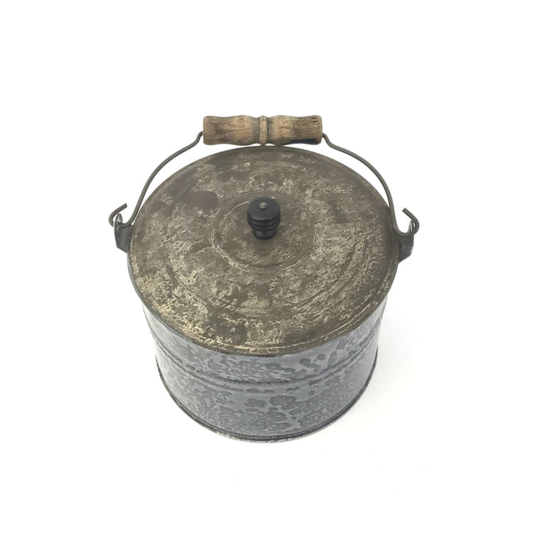 Antique Farmhouse Enameled Berry Pail with Tin Lid, Bail and Wooden Grip Handle