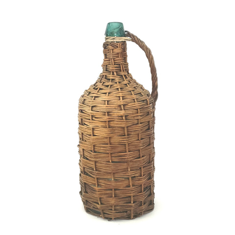 Antique Aqua Green Rattan Wrapped Glass Demijohn Bottle, 15" Jug Wicker Woven