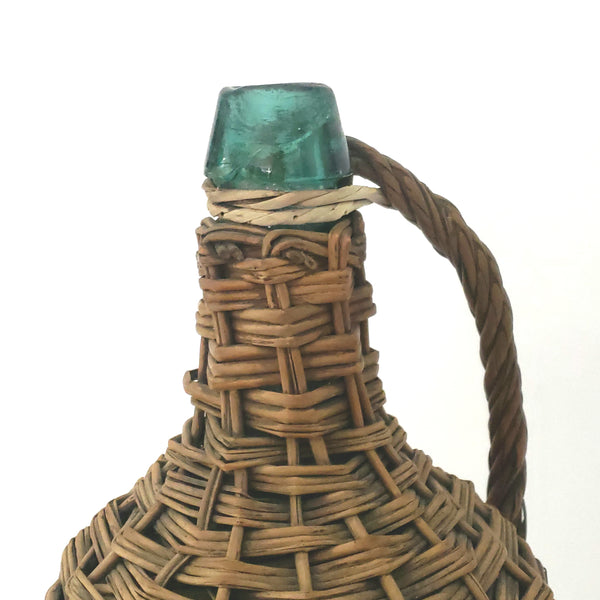 Antique Aqua Green Rattan Wrapped Glass Demijohn Bottle, 15" Jug Wicker Woven