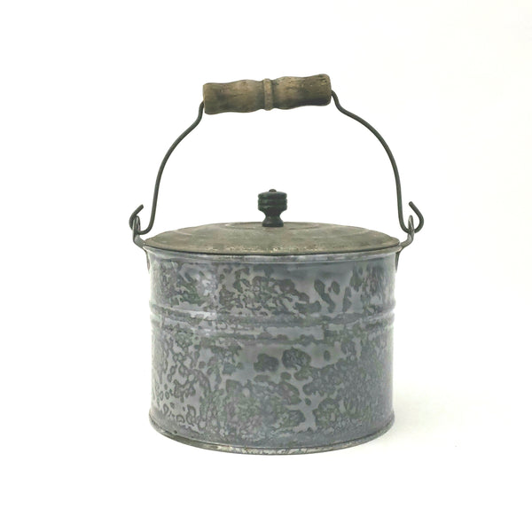 Antique Farmhouse Enameled Berry Pail with Tin Lid, Bail and Wooden Grip Handle