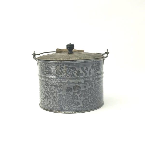 Antique Farmhouse Enameled Berry Pail with Tin Lid, Bail and Wooden Grip Handle