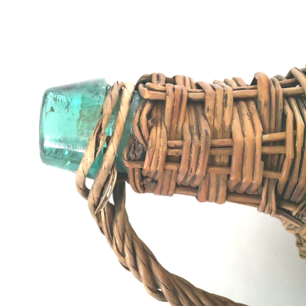 Antique Aqua Green Rattan Wrapped Glass Demijohn Bottle, 15" Jug Wicker Woven