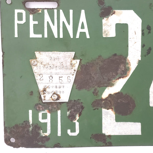 Antique 1913 Porcelain Pennsylvania License Plate White Green, Automobilia Collectible