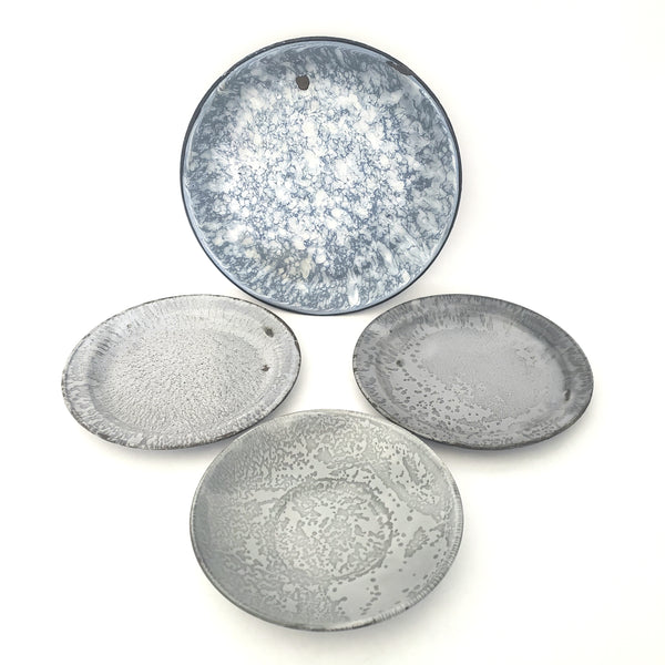 Vintage Gray and Blue Graniteware Round Plates, Group of 4