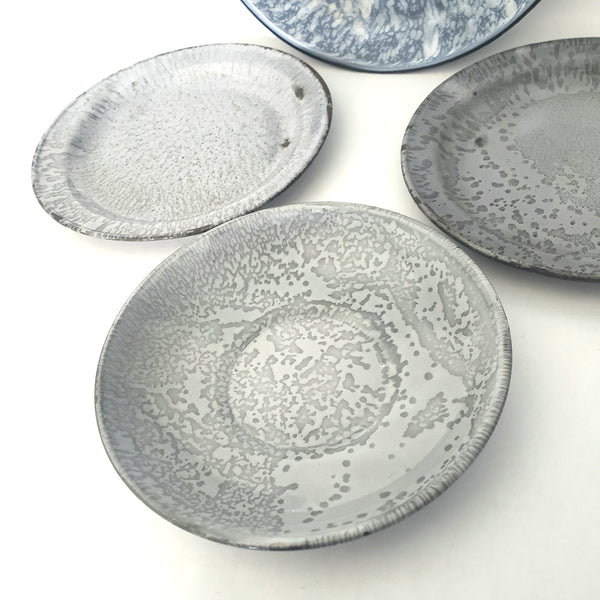 Vintage Gray and Blue Graniteware Round Plates, Group of 4