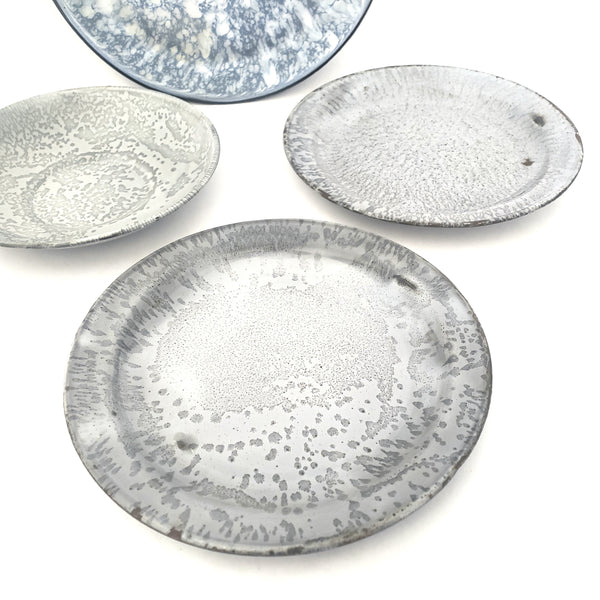 Vintage Gray and Blue Graniteware Round Plates, Group of 4