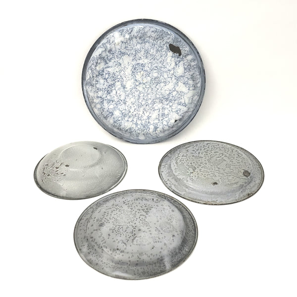 Vintage Gray and Blue Graniteware Round Plates, Group of 4