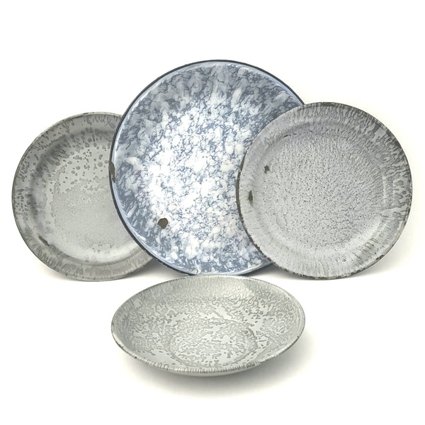 Vintage Gray and Blue Graniteware Round Plates, Group of 4