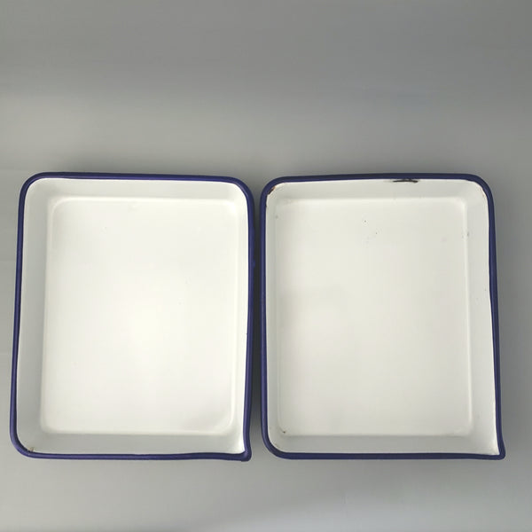 Vintage White Enamelware Blue Trim, Photography Developing Trays, Set of 2, by CESCO