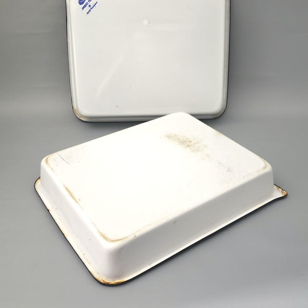 Vintage White Enamelware Blue Trim, Photography Developing Trays, Set of 2, by CESCO