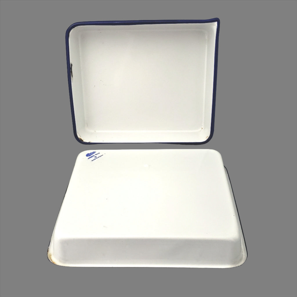 Vintage White Porcelain Enamelware Large Tray/Pan Blue Trim 28” LX 24” WX  3” D