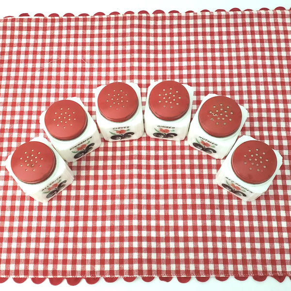 Vintage White Milk Glass Spice Jar Shaker Set 6 Piece Red Flower Black Leaf - Tipp USA
