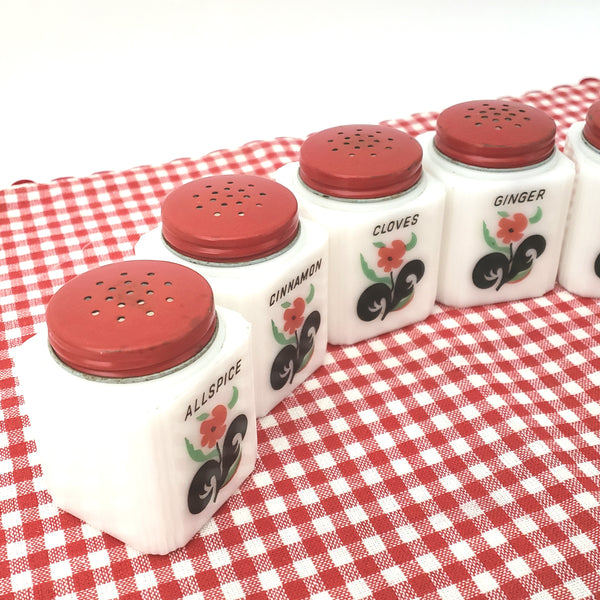 Vintage White Milk Glass Spice Jar Shaker Set 6 Piece Red Flower Black Leaf - Tipp USA