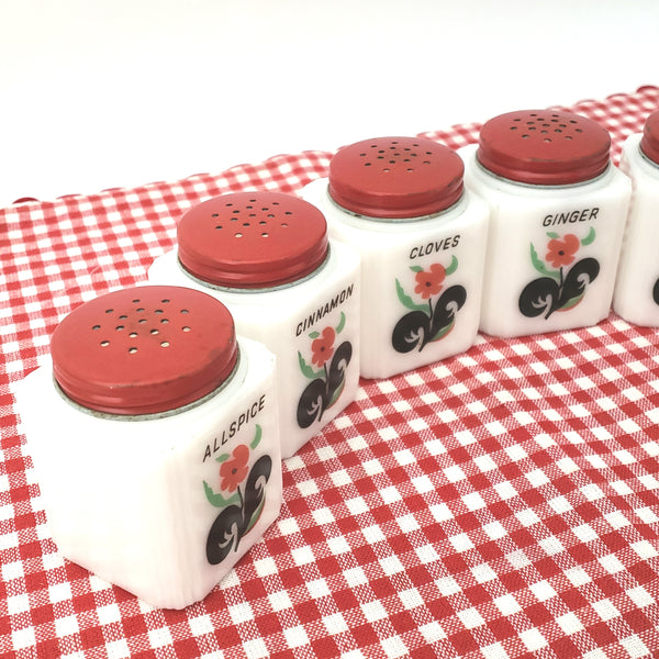 Vintage White Milk Glass Spice Jar Shaker Set 6 Piece Red Flower Black Leaf - Tipp USA