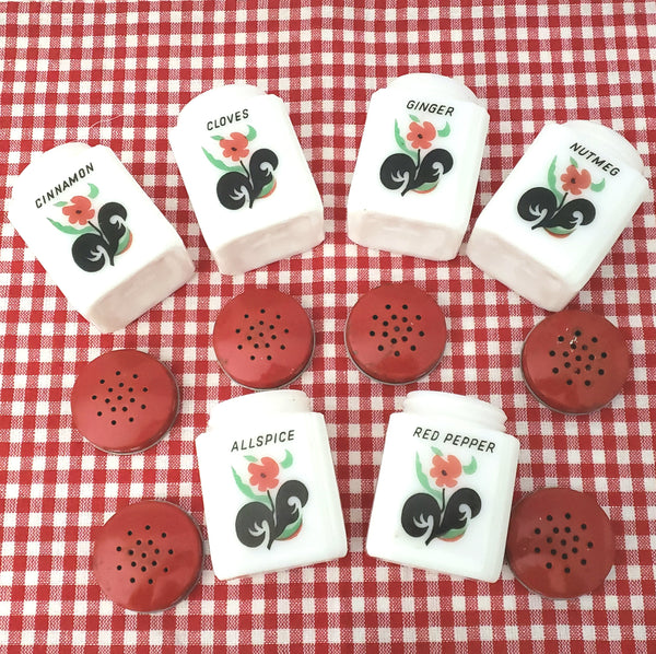 Vintage White Milk Glass Spice Jar Shaker Set 6 Piece Red Flower Black Leaf - Tipp USA