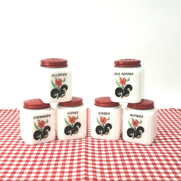 Vintage White Milk Glass Spice Jar Shaker Set 6 Piece Red Flower Black Leaf - Tipp USA