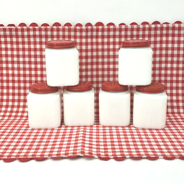 Vintage White Milk Glass Spice Jar Shaker Set 6 Piece Red Flower Black Leaf - Tipp USA