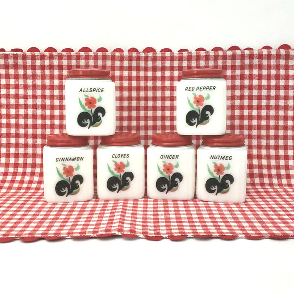 Vintage White Milk Glass Spice Jar Shaker Set 6 Piece Red Flower Black Leaf