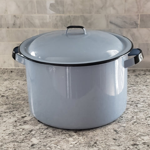 Large Vintage Powder Blue Enamelware Stock Pot, 11 Quart - French Country Accent