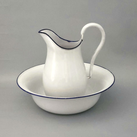 Vintage Enamel Pitcher & Wash Basin Set White with Royal Blue Trim, Austria