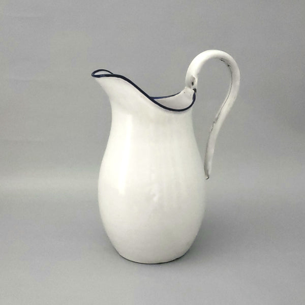 Vintage Enamel Pitcher & Wash Basin Set White with Royal Blue Trim, Austria