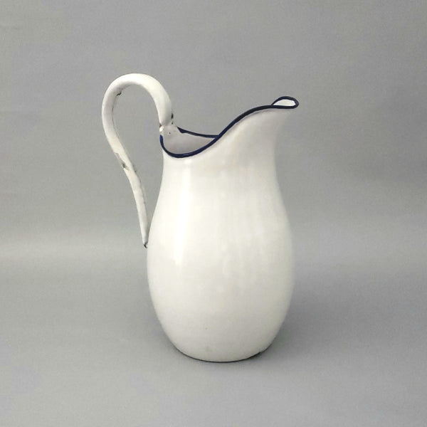 Vintage Enamel Pitcher & Wash Basin Set White with Royal Blue Trim, Austria