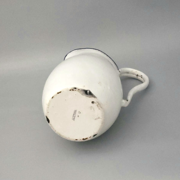 Vintage Enamel Pitcher & Wash Basin Set White with Royal Blue Trim, Austria