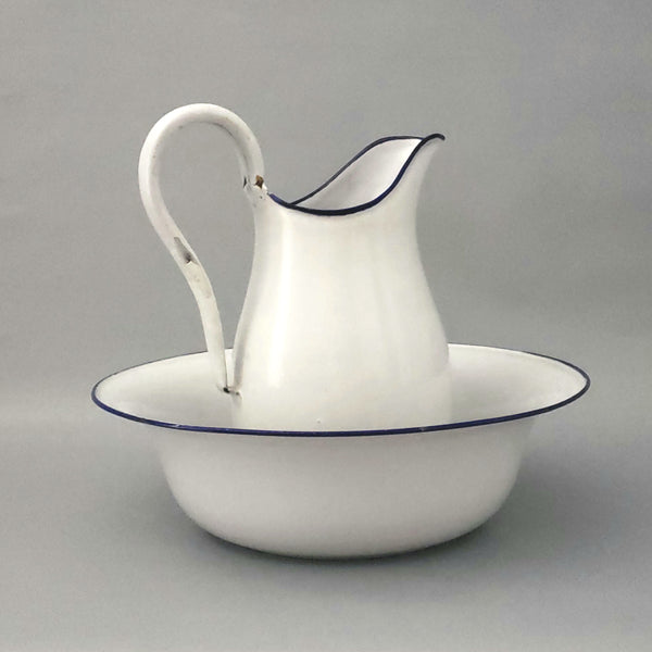Vintage Enamel Pitcher & Wash Basin Set White with Royal Blue Trim, Austria
