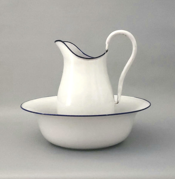 Vintage Enamel Pitcher & Wash Basin Set White with Royal Blue Trim, Austria