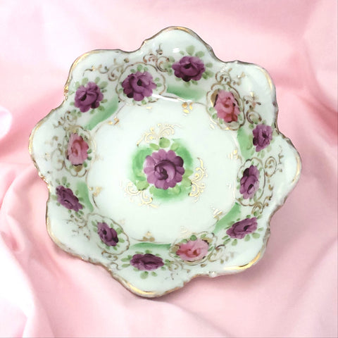 Hand Painted Porcelain Floral Candy Nut Bowl Pink and Purple Scalloped Edge