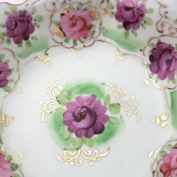 Hand Painted Porcelain Floral Candy Nut Bowl Pink and Purple Scalloped Edge
