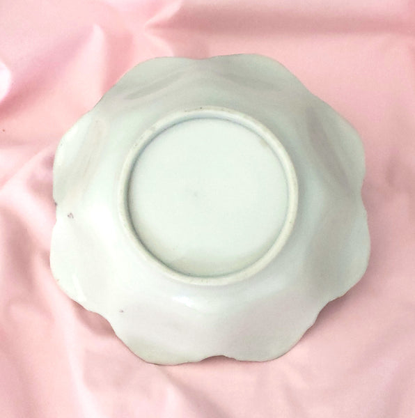 Hand Painted Porcelain Floral Candy Nut Bowl Pink and Purple Scalloped Edge