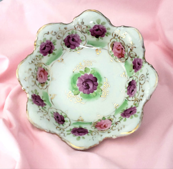 Hand Painted Porcelain Floral Candy Nut Bowl Pink and Purple Scalloped Edge