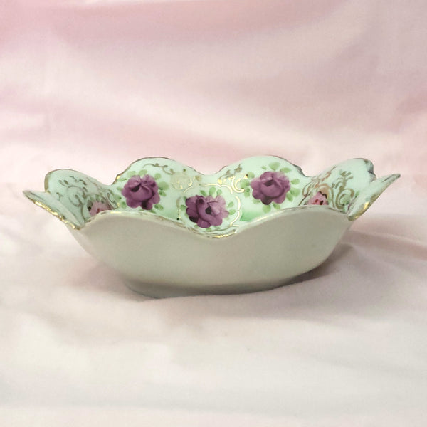Hand Painted Porcelain Floral Candy Nut Bowl Pink and Purple Scalloped Edge